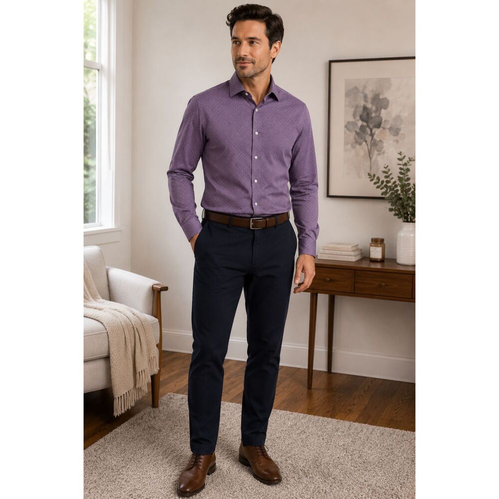 Michael Kors Slim Fit Stretch Purple Micro Dot Button Down Men's 16½ 34/35 Large